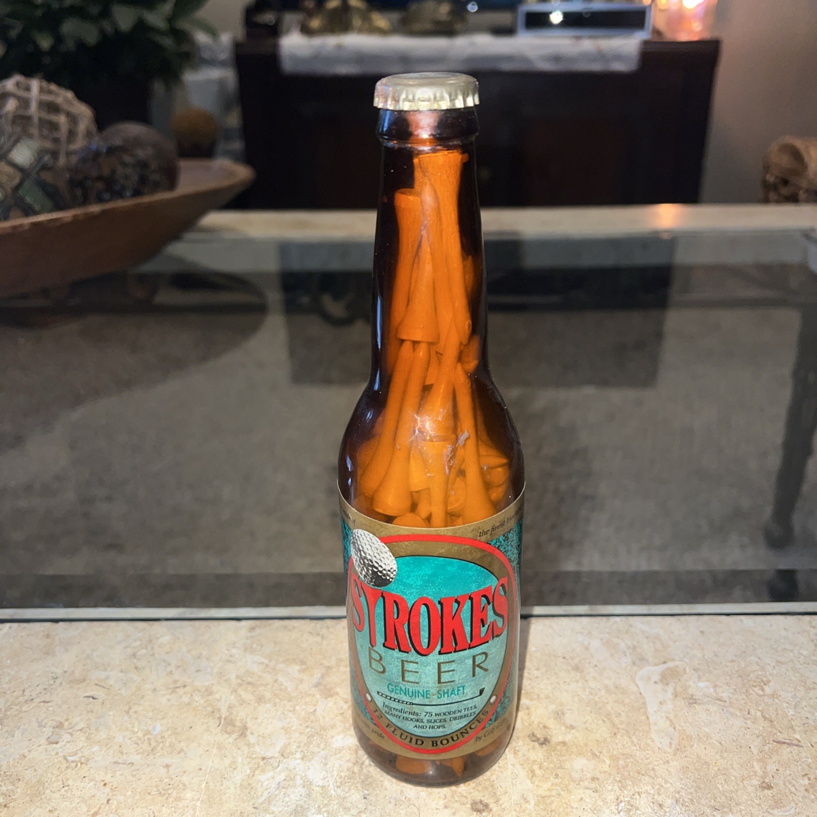 Strokes Glass Beer Bottle w/75 Wood Golf Tees Gift Sealed VTG Man Cave Golfer