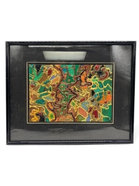 Really cool JAB signed mixed media abstract art "Emerald Sparkle" 12 1/4 x 9 3/4