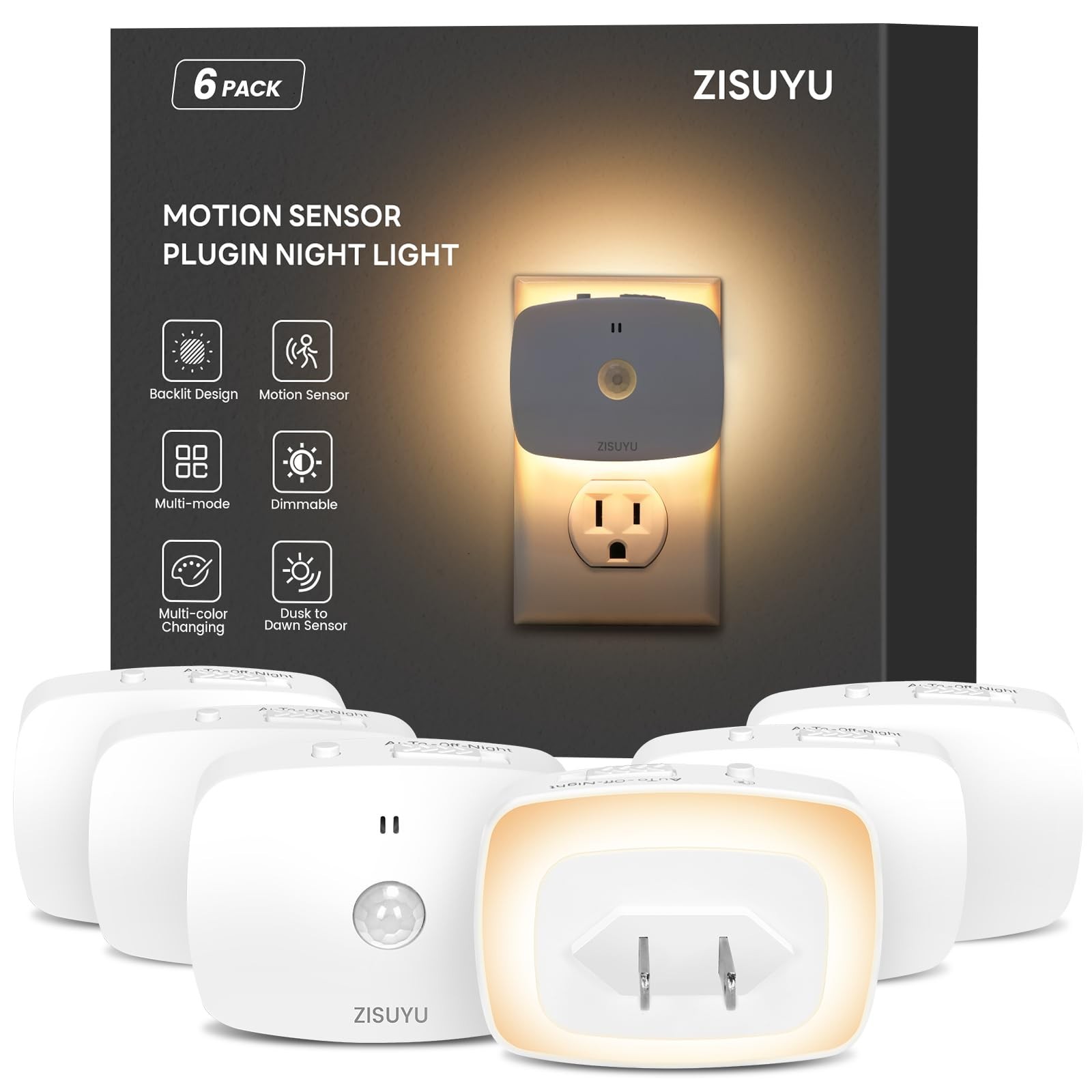 Dimmable LED Night Light with Motion & Dusk Sensor, Color-Changing, 6 Pack