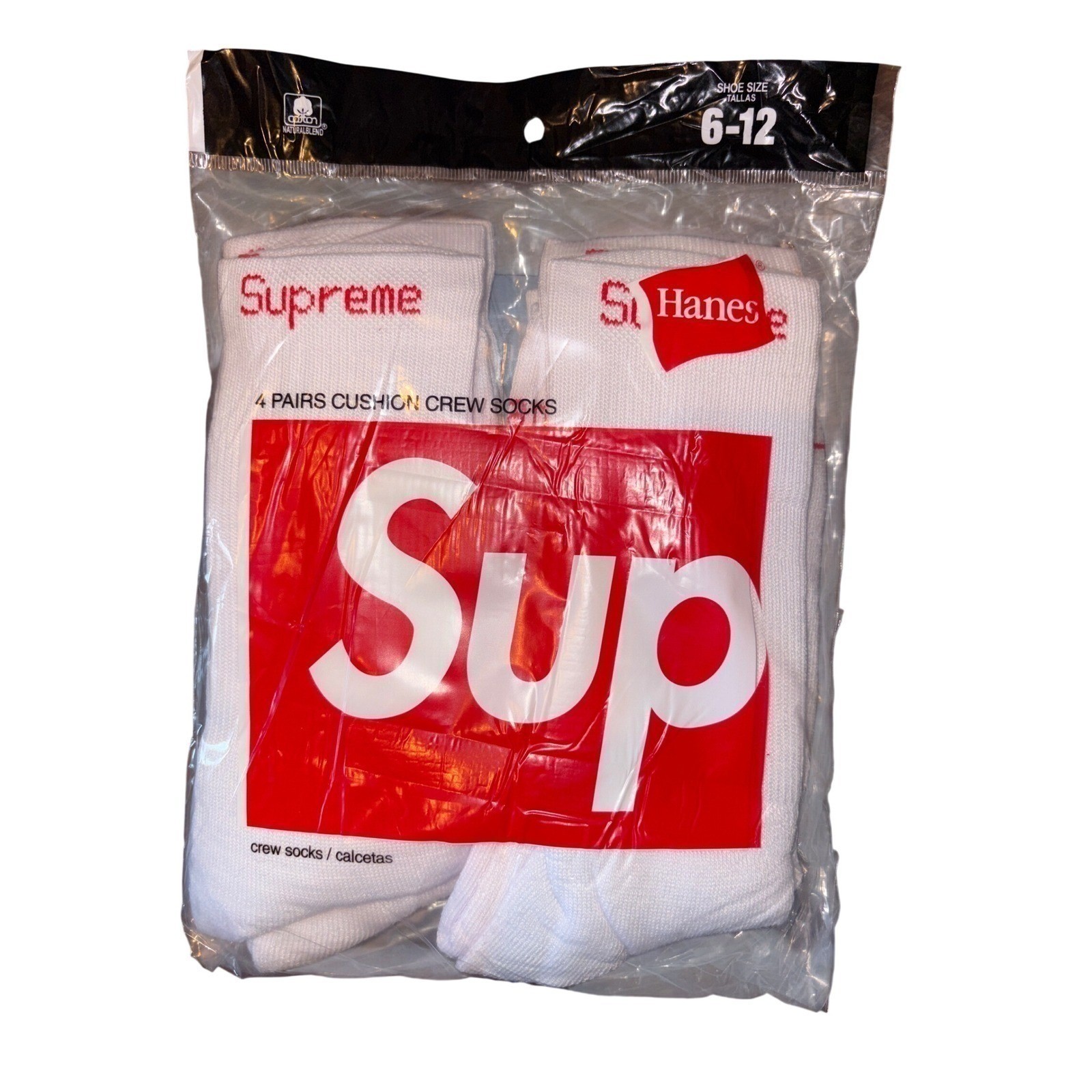 Supreme X Hanes Crew Socks 4 Pairs 8 Socks Cushion White Size 6-12 See Pictures