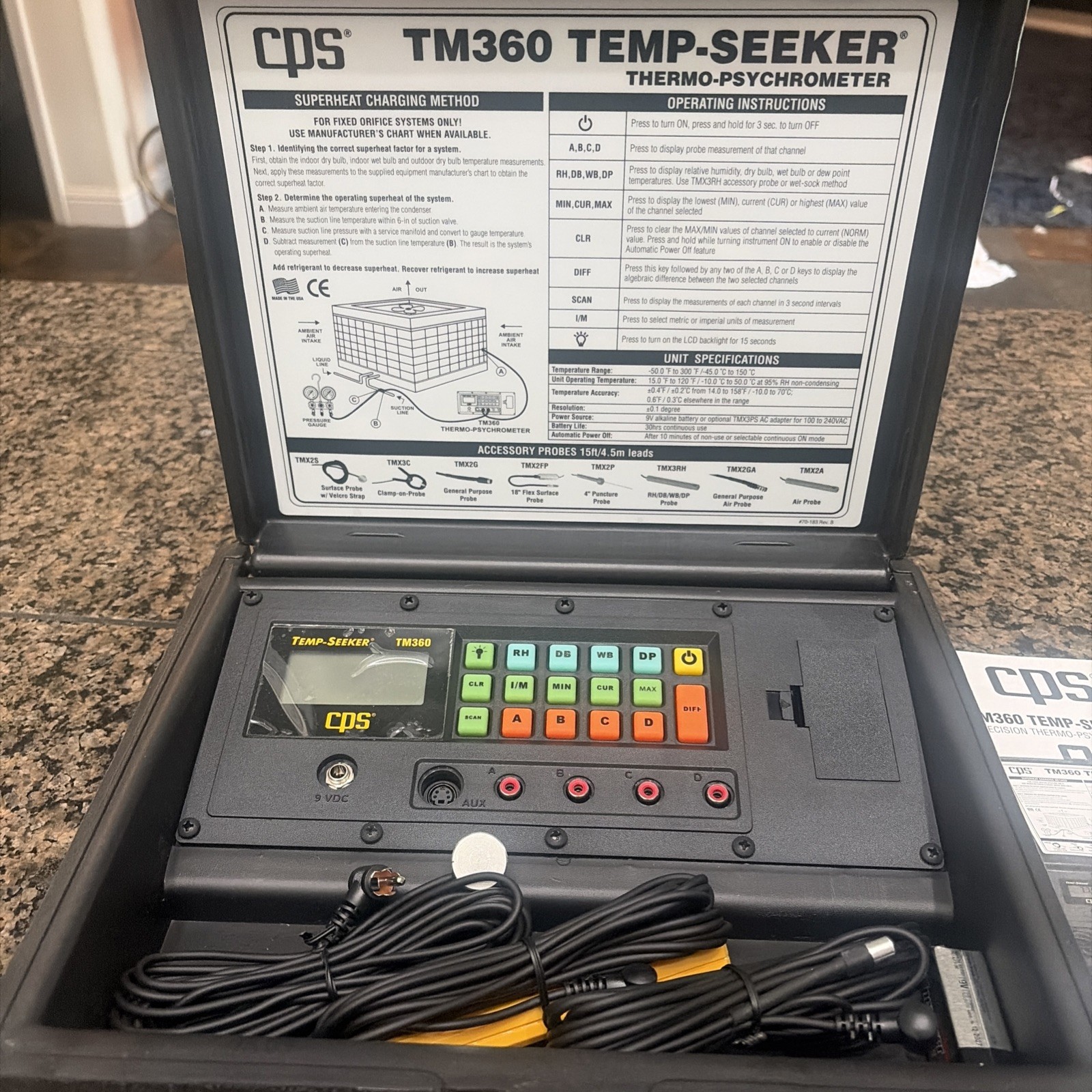 CPS TM360 Temp-Seeker Thermo-Psychrometer Kit w/ Case Manual & Probe