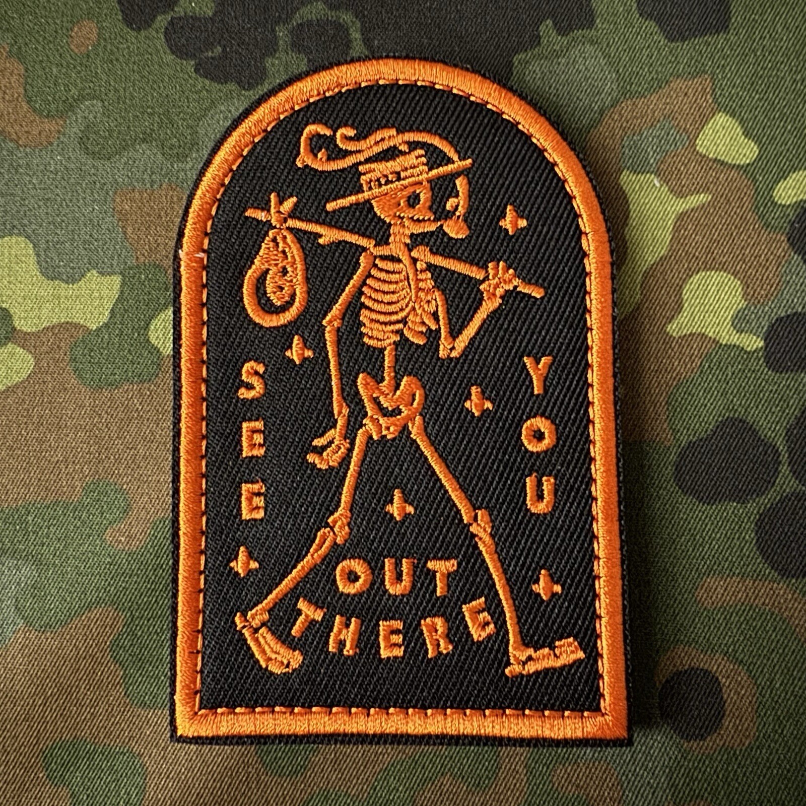 SEE YOU OUT THERE Embroidered Patch Hook/Loop HIKING TRAMP HOBO SKELETON CRUST