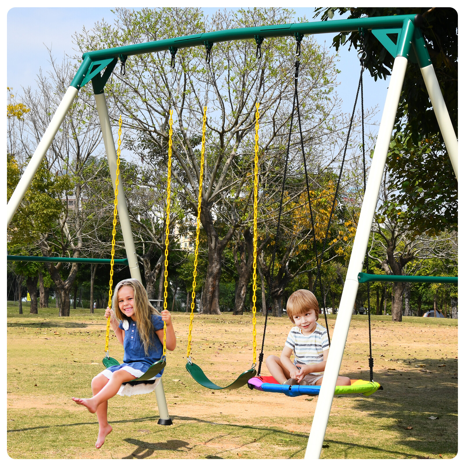 700lbs Big Brutus 9.5 Ft Metal Swing Set 3 Swings, Heavy Duty Weather Resistant