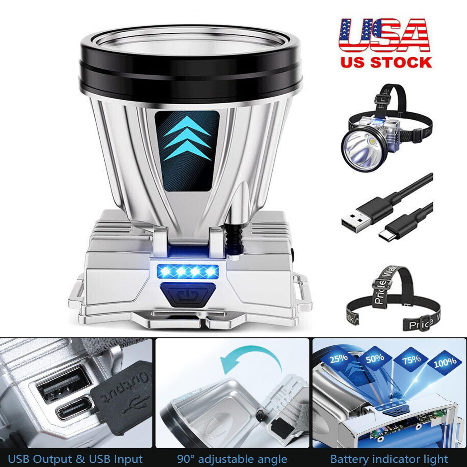 Super Bright LED Headlamp USB Rechargeable Headlight Head Torch Flashlight US