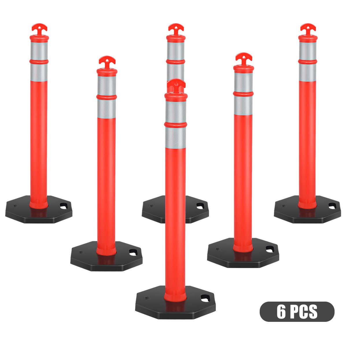 6 Pack 45" Orange Traffic Delineator Post Cone w/ Rubber Base & Reflective Bands