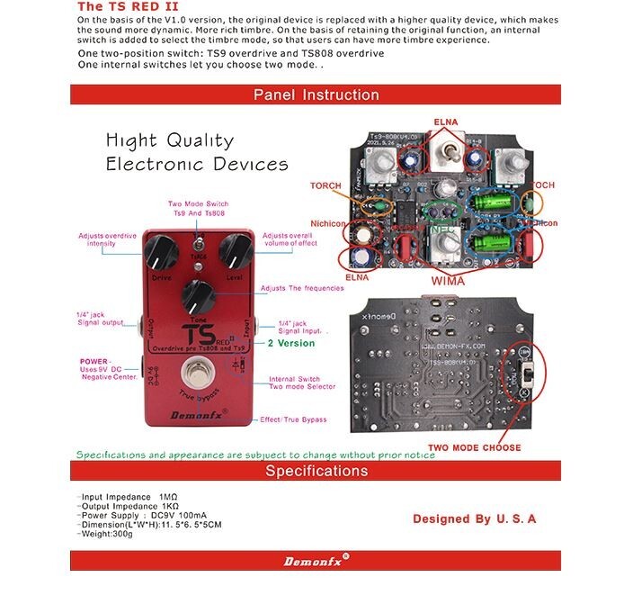 Demonfx TS II Red TS9 or TS808 OD options Internal Mode Switch Fast U.S. Ship