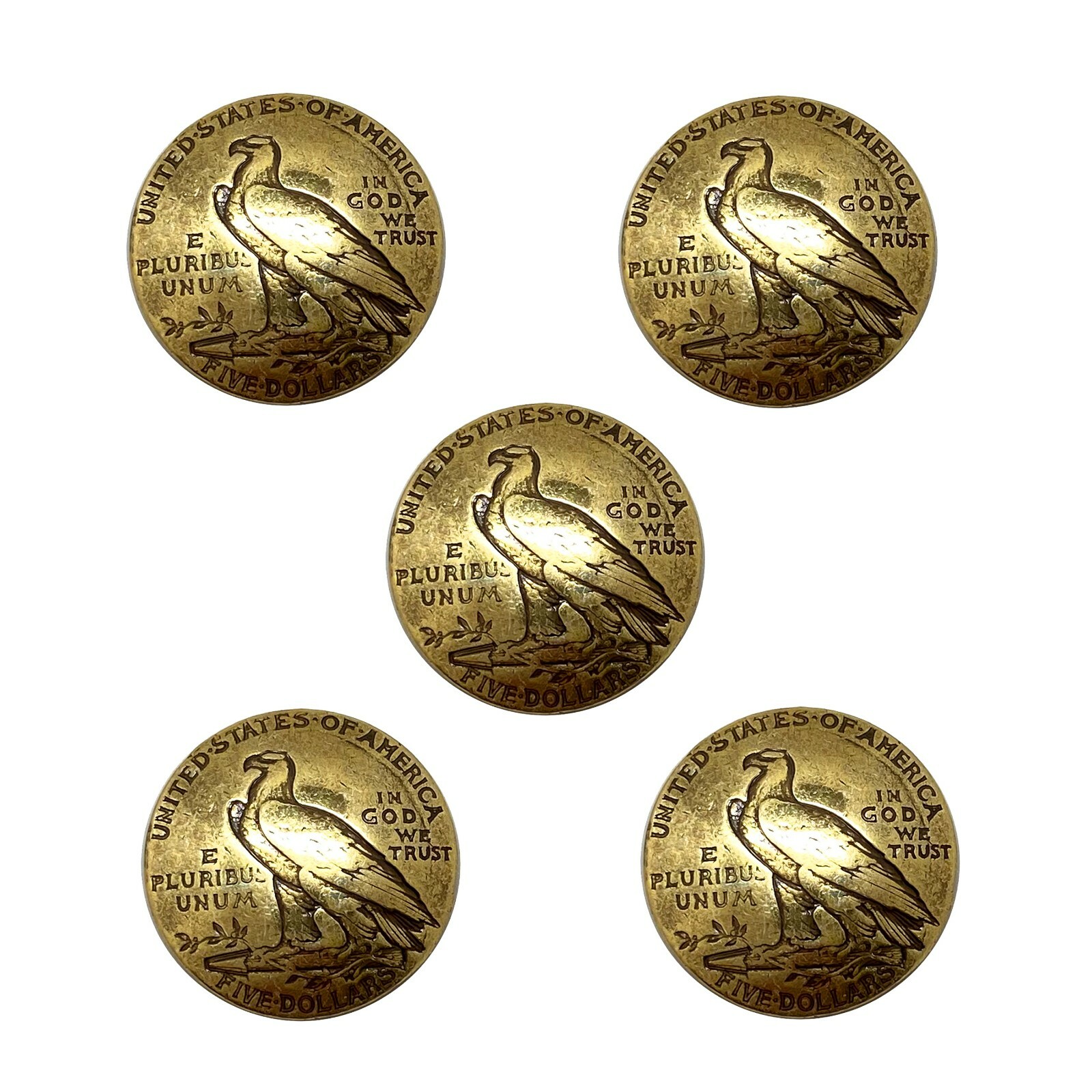 Set of 5 ANTIQUE GOLD FIVE DOLLARS REPRODUCTION COIN CONCHOS SIZE 7/8" -TAIL
