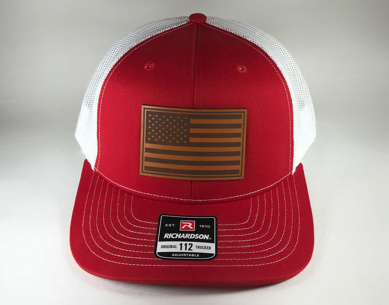 Richardson 112 American Flag 6 Panel Snapback Trucker Mesh Hat Leather Patch