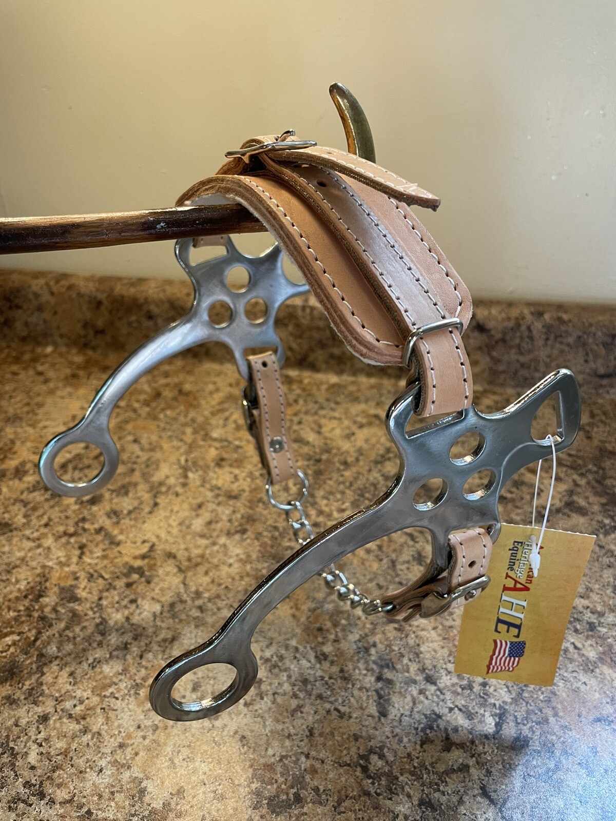 AHE Fleece Lined Hackamore Leather Noseband & Curb Chain  Adjustable 310
