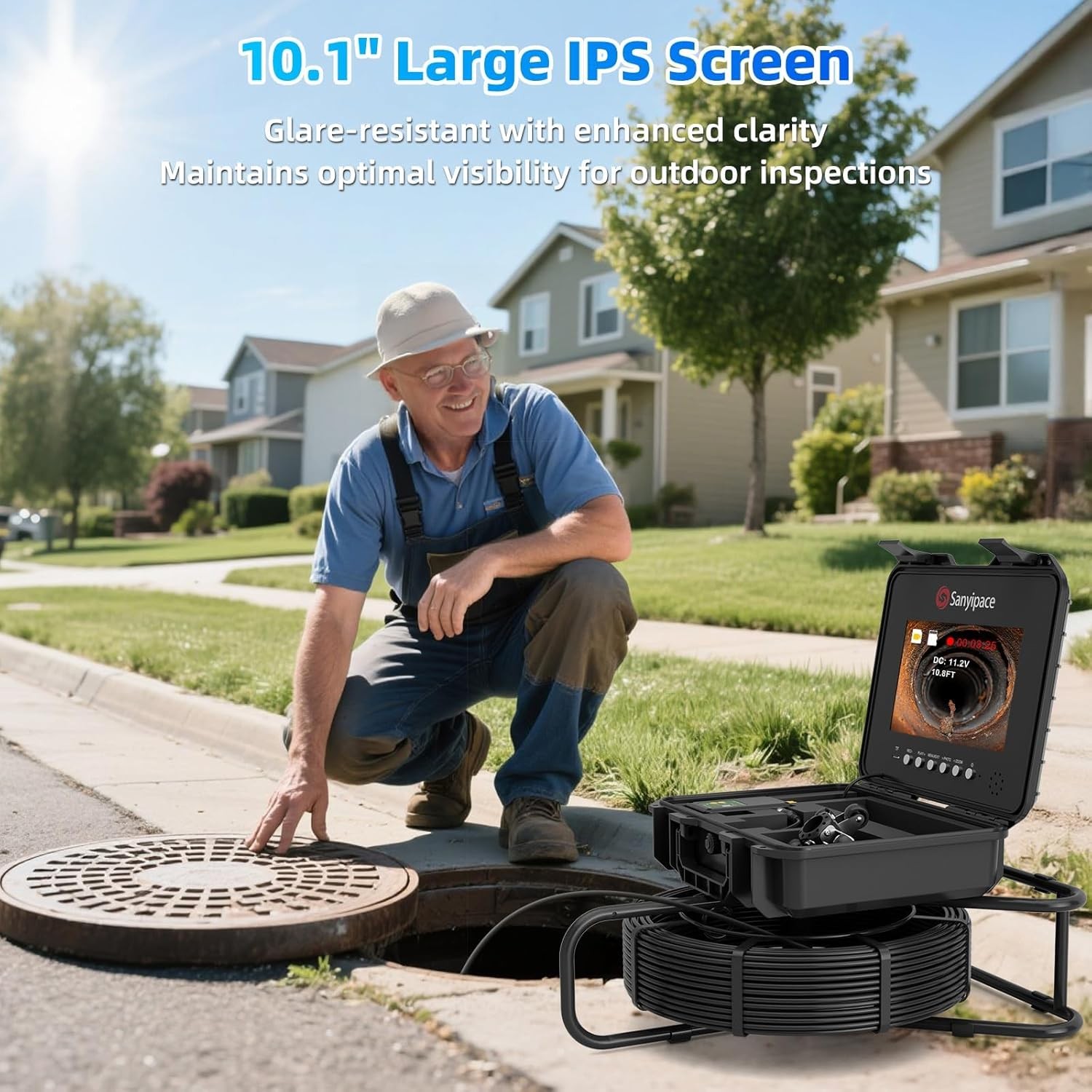 Sanyipace 10.1" Sewer Camera 230FT w/ Self-Leveling, Distance Counter