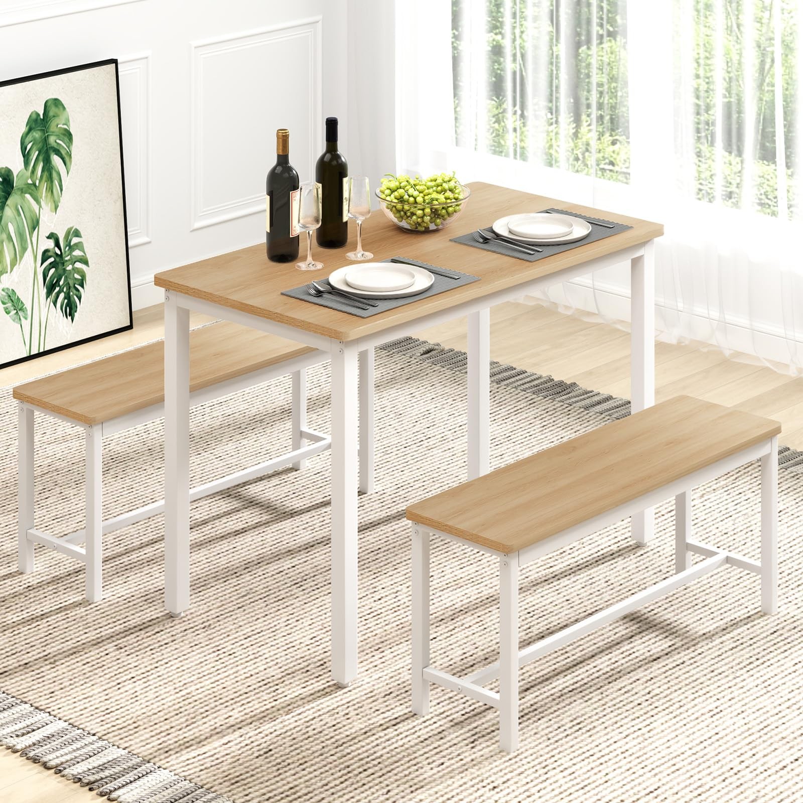 43" Dining Table Benches Set for 4, Modern Space Saving Kitchen Table Chairs ...