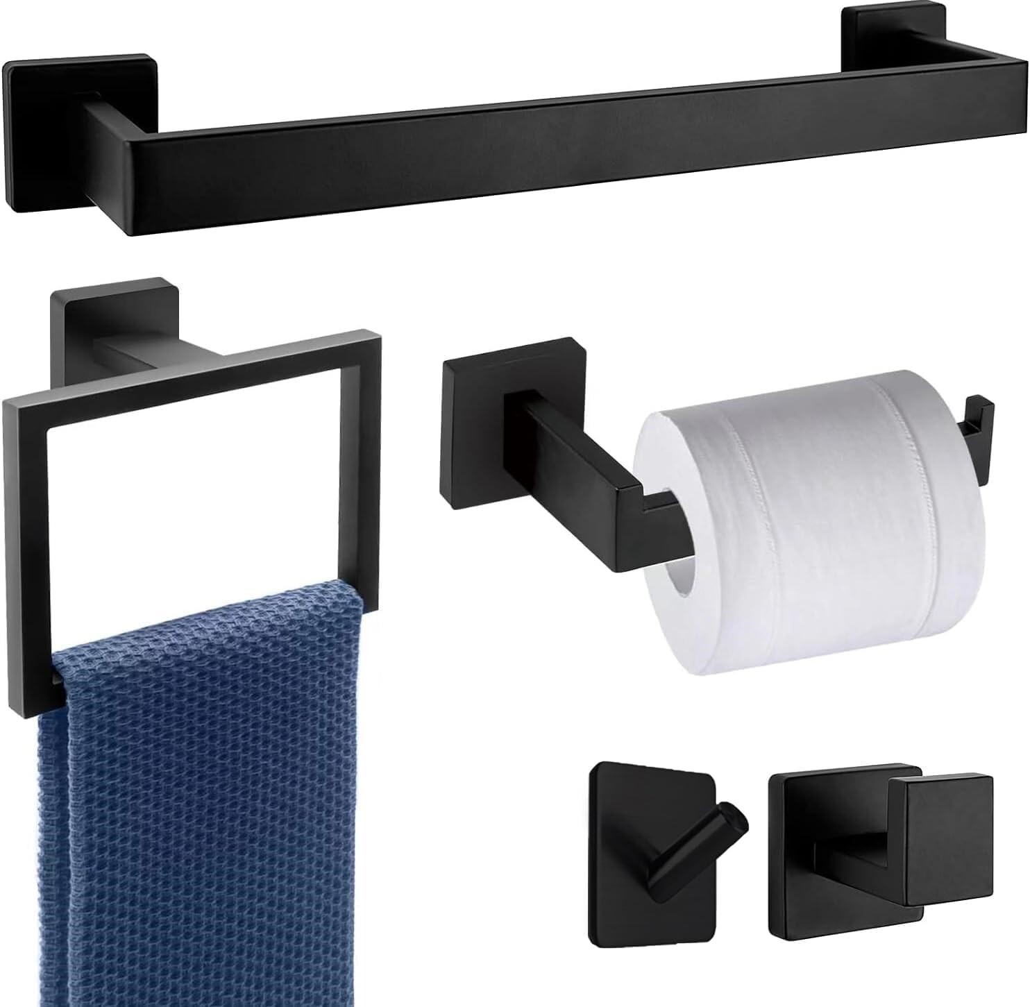 5-PCS Bathroom Stainless Steel Metal Hardware Accessories Set Matte Black NEW