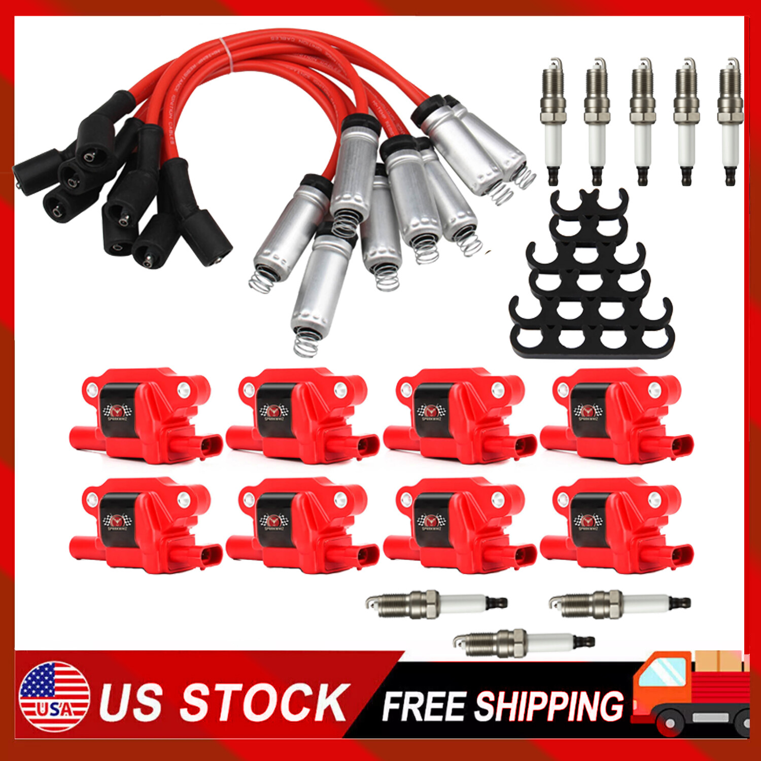 8X Ignition Coil +8X Spark Plug + 8X Wire Fit For Chevy Silverado 1500 GMC UF413