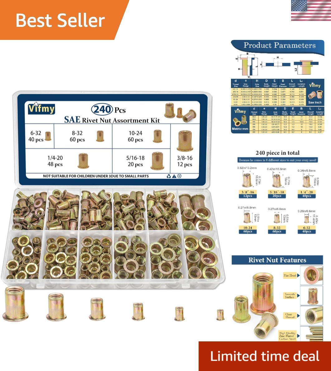 Essential 240-Pc SAE Rivet Nut Assortment in Carbon Steel - Flat Head Design