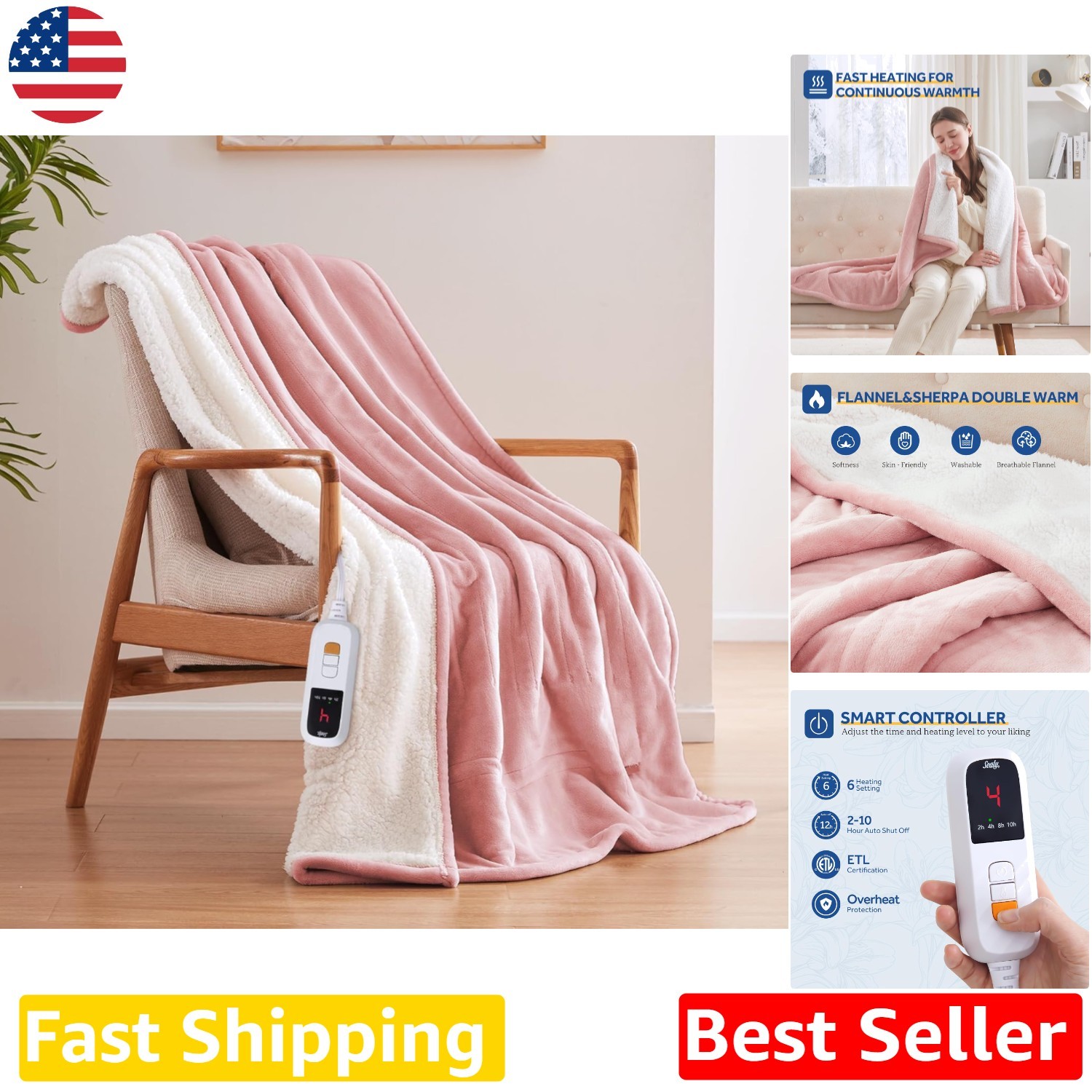Electric Heated Throw Blanket 50"x60" Pink Cozy Flannel Sherpa 6 Heat Levels