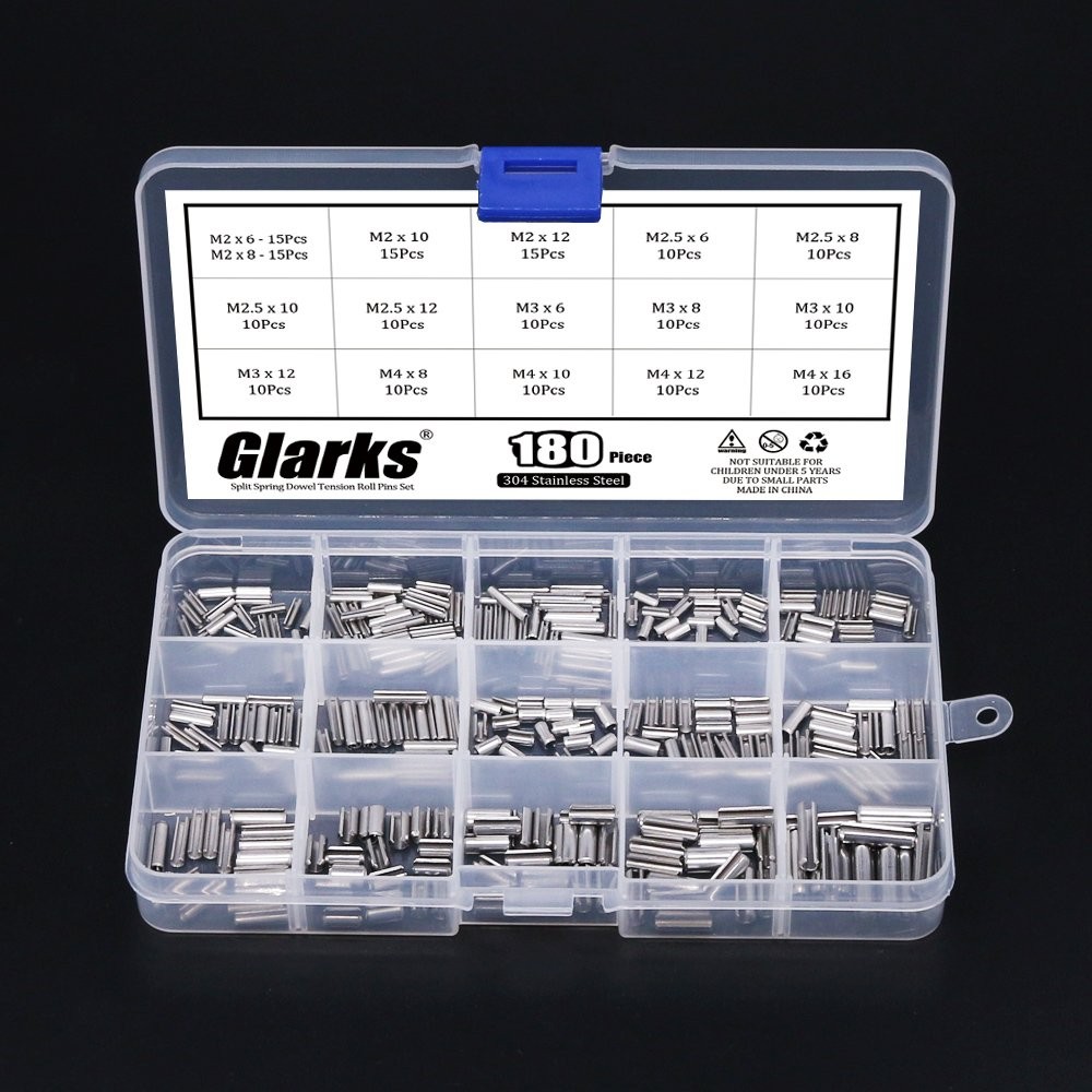 Glarks 180Pcs M2 M2.5 M3 M4 Slotted Spring Pin Assortment Kit, Split Spring...