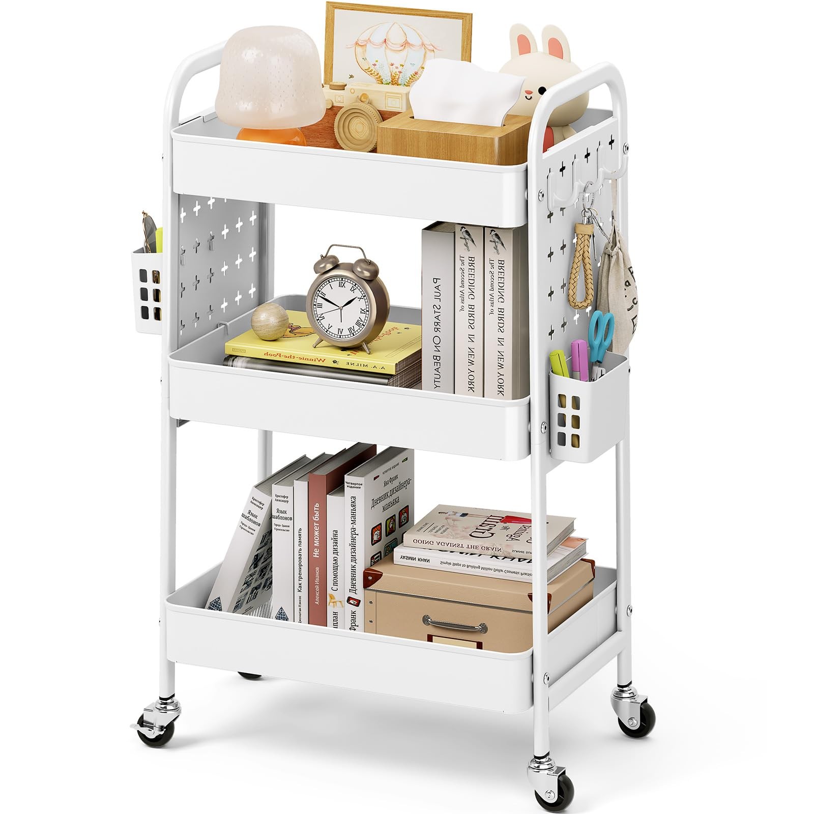 KINGRACK 3 Tier Rolling Cart with DIY Pegboard, Metal Utility Pure White