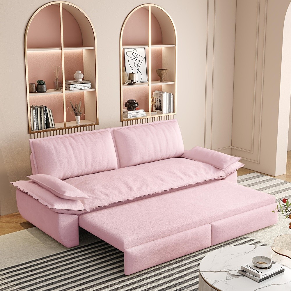 73in Roll Out Velvet Sleeper Sofa Bed w/ Queen Mattress, Multi-Functional 3-in-1