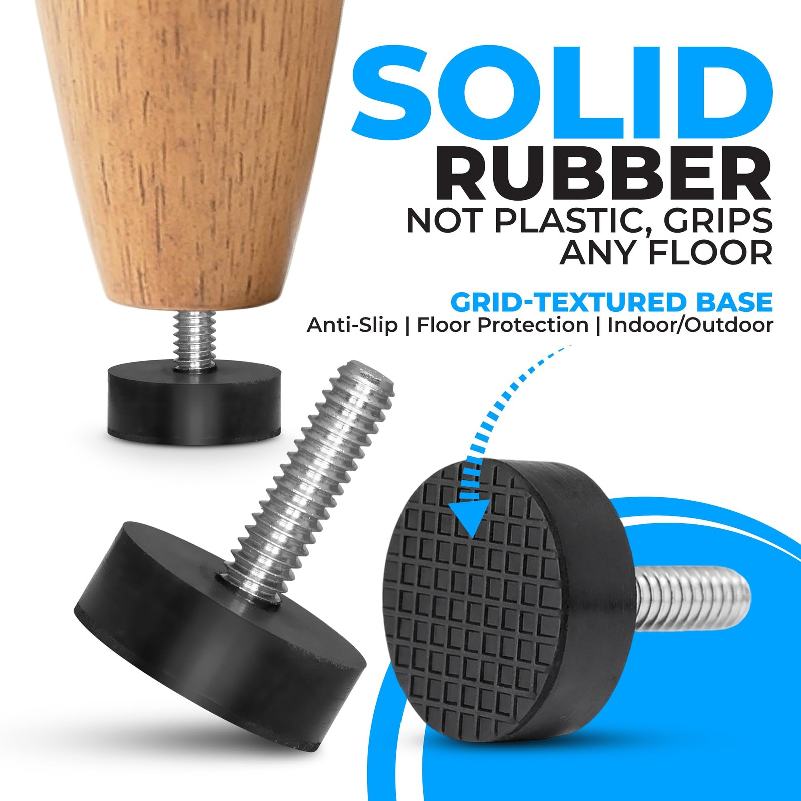 12 Pack All-Rubber 1/4"-20 UNC Leveling Feet with thread, Black