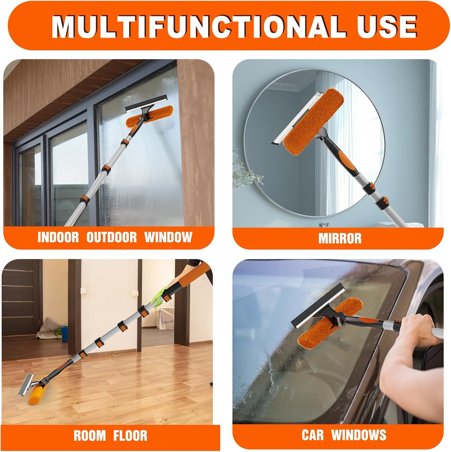 30FT Reach 2-in-1 Window Squeegee, Professional Window Washing Kit with 5-24FT E