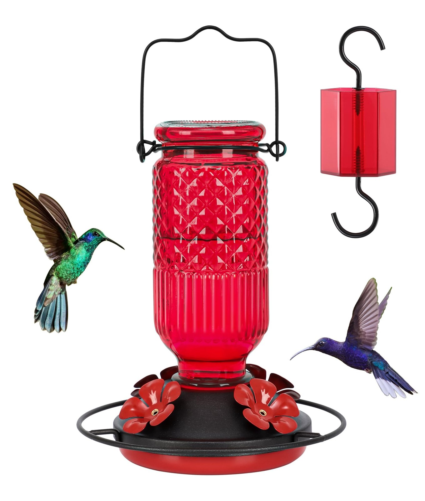 FEED GARDEN Glass Hummingbird Feeder, 16oz Outdoor 4 x 4 x 8 inches, Red