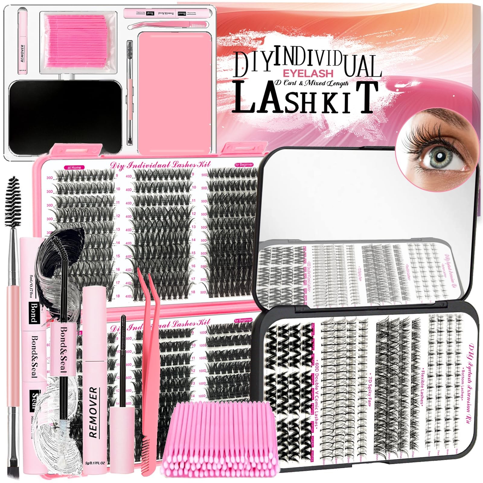 QUKLOGEN DIY Lash Extension Kit 782Pcs D Curl 4 1 count (Pack of 1), Pink