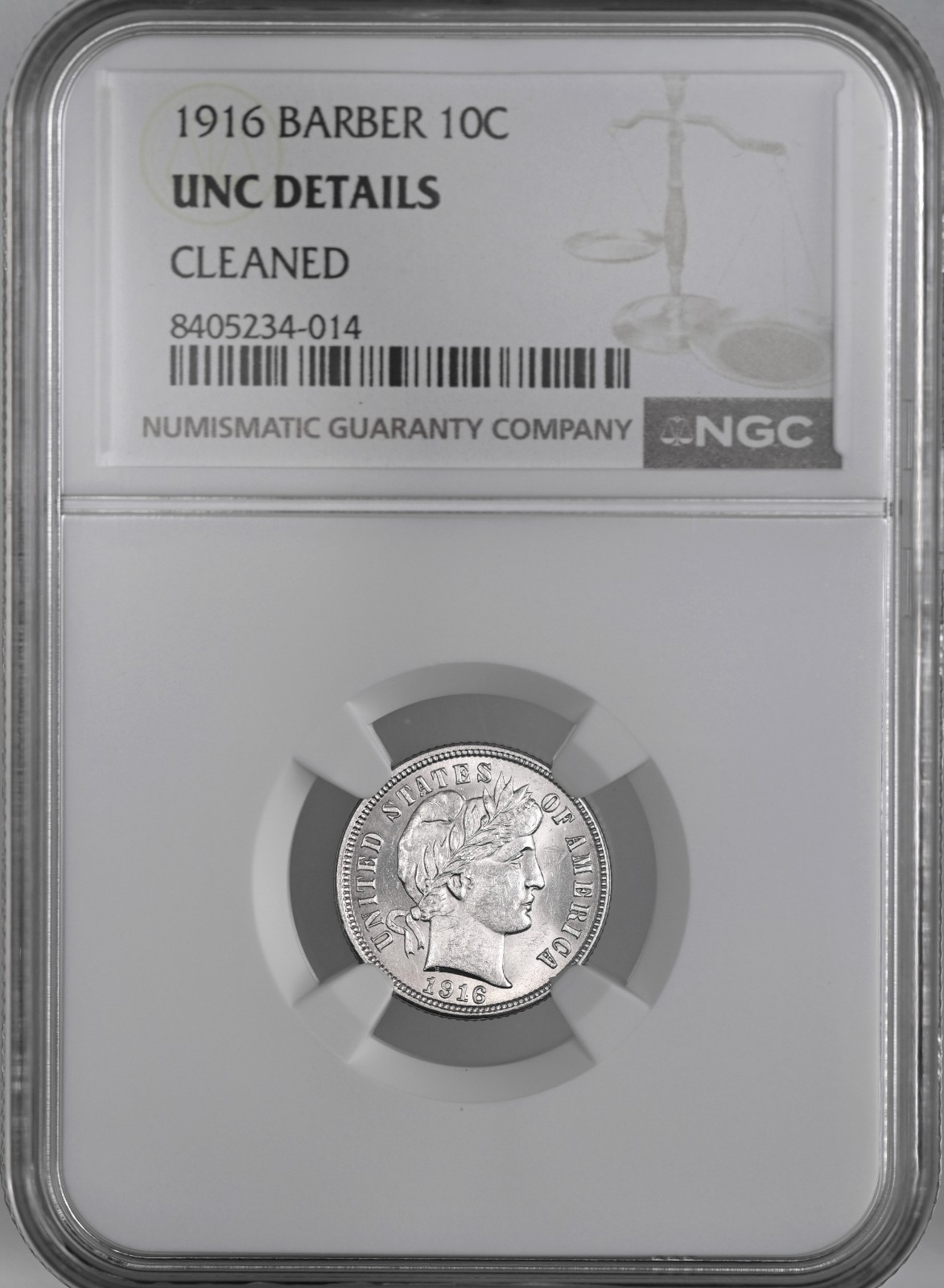 1916-P  10C BARBER SILVER DIME  NGC UNC DETAILS "CLEANED"   #8405234-014