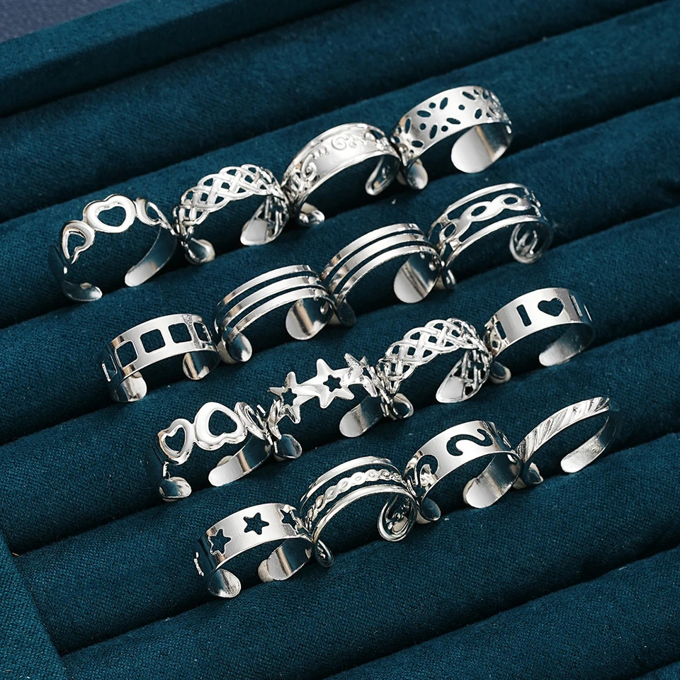 Toe Rings Adjustable Hollow Heart Star Open Silver Tone Women Foot 16PCS Set