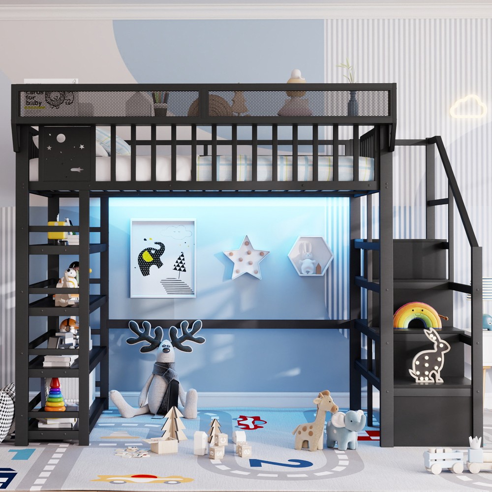 Full Size Bed Metal Loft Bed with Stairs, Shelves & RGB Lights, Charging Station