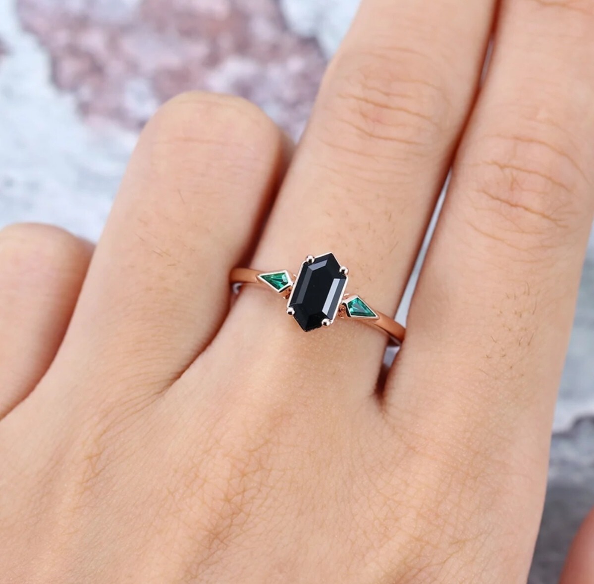 925 silver, emerald, black onyx ring, hexagon cut, statement ring, vintage ring