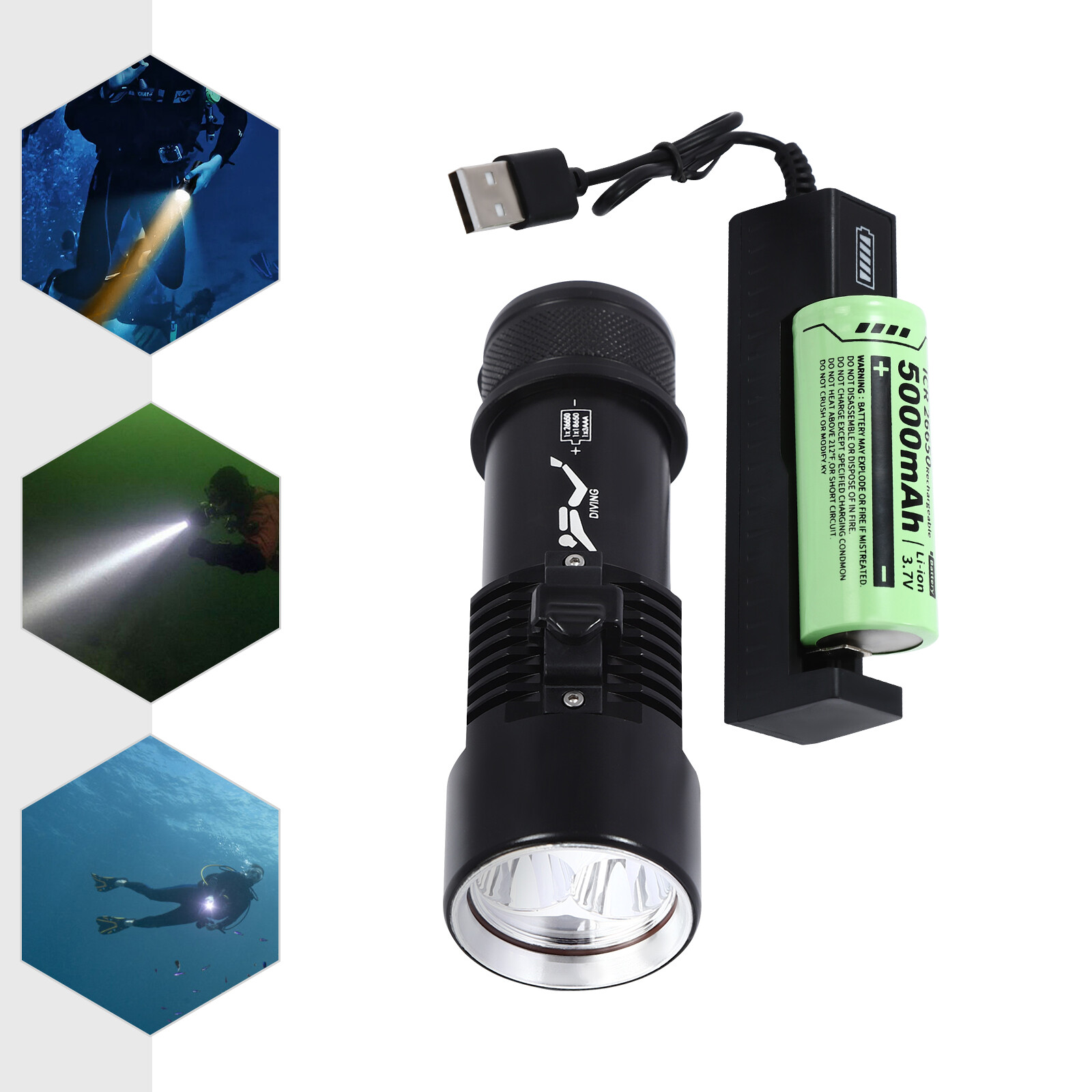 Submersible Flashlight, LED Dive Light, Waterproof Compact Bright Diving Torch