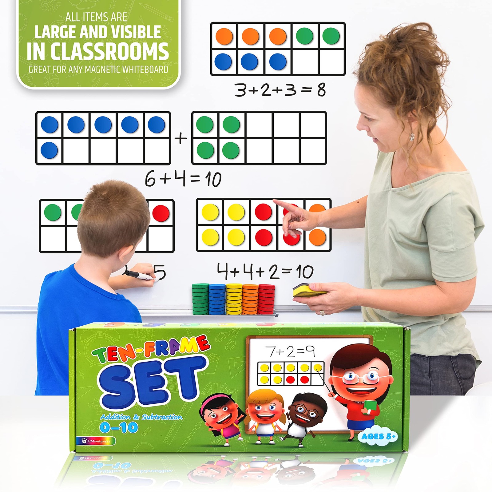Magnetic Ten Frame Set: 4 Durable Ten-Frames + 50 Colorful Counters + 50 Math...
