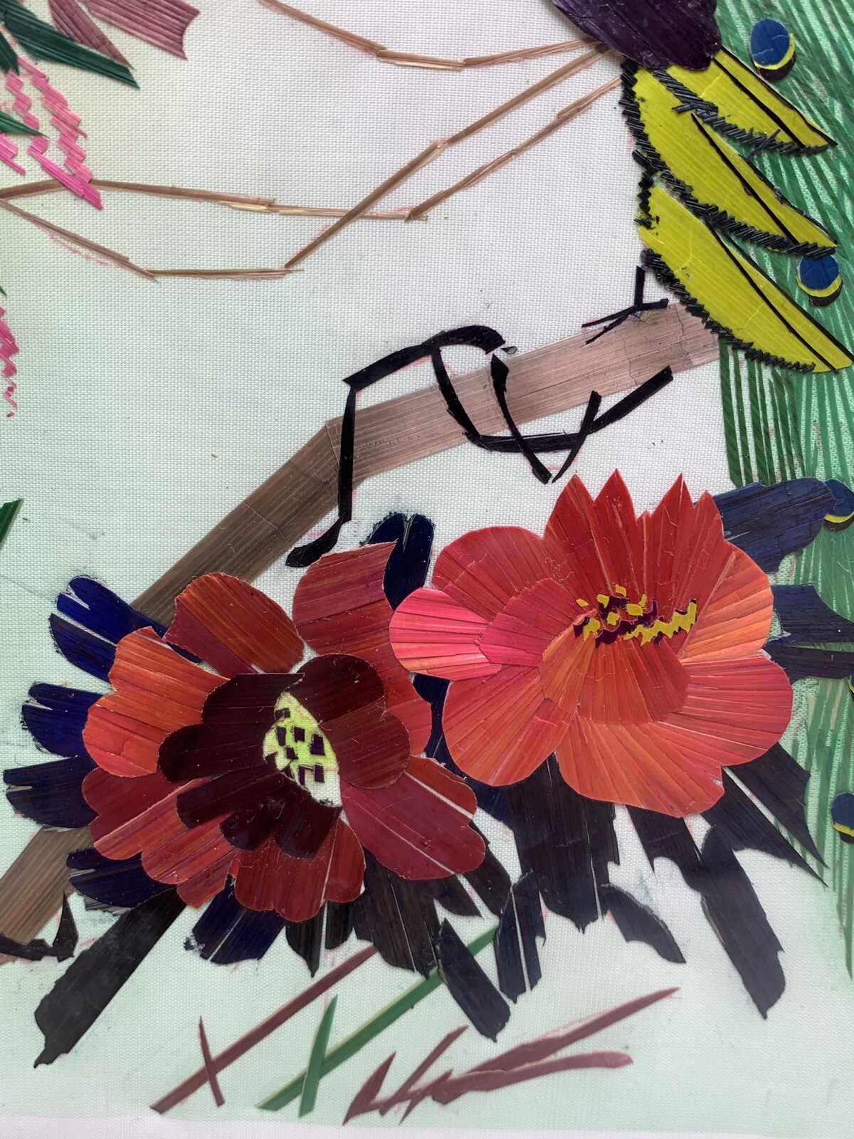Vintage Oriential Mixed Media Organic Bamboo Peacock Floral Flowers Collage Art
