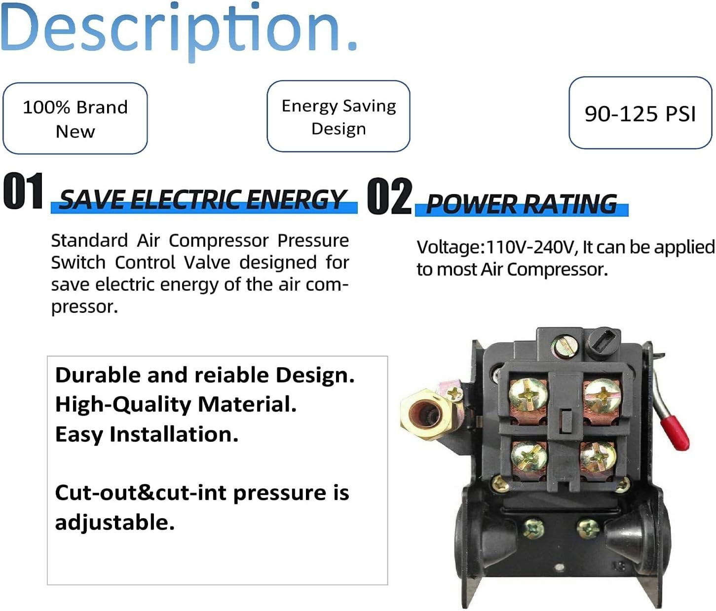 Heavy Duty Air Compressor Pressure Switch W/Unloader Replacement 90-120psi