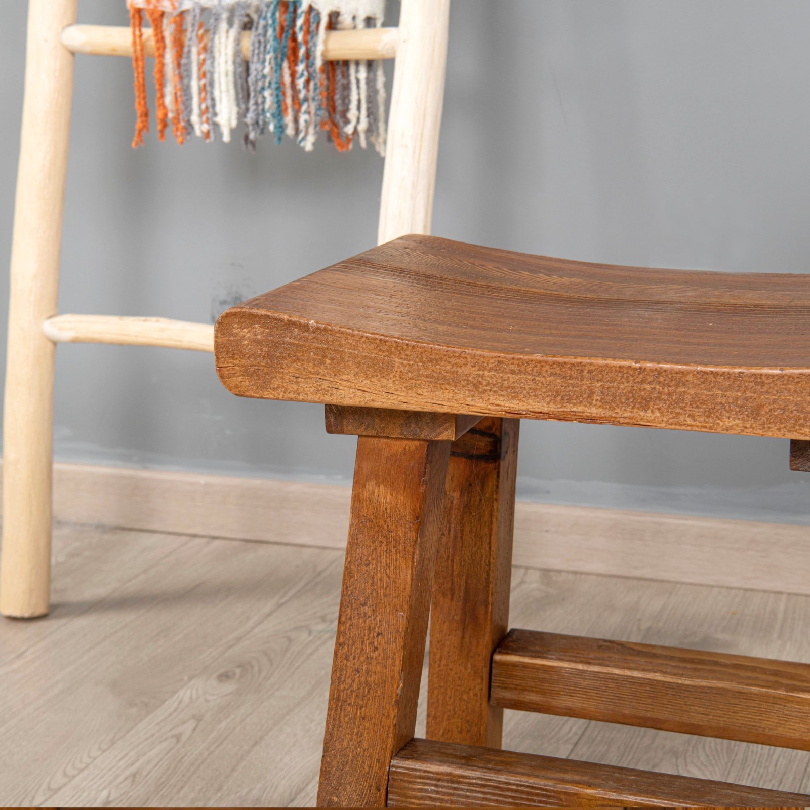 Rustic Old Pine Wooden Stool Bench Side Table Farmhouse Bedside Table 18.5" H