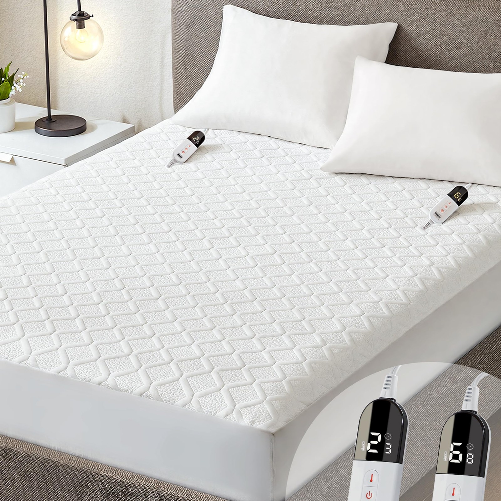 Heated Mattress Pad Queen Size with Dual Control, Electric Queen, White