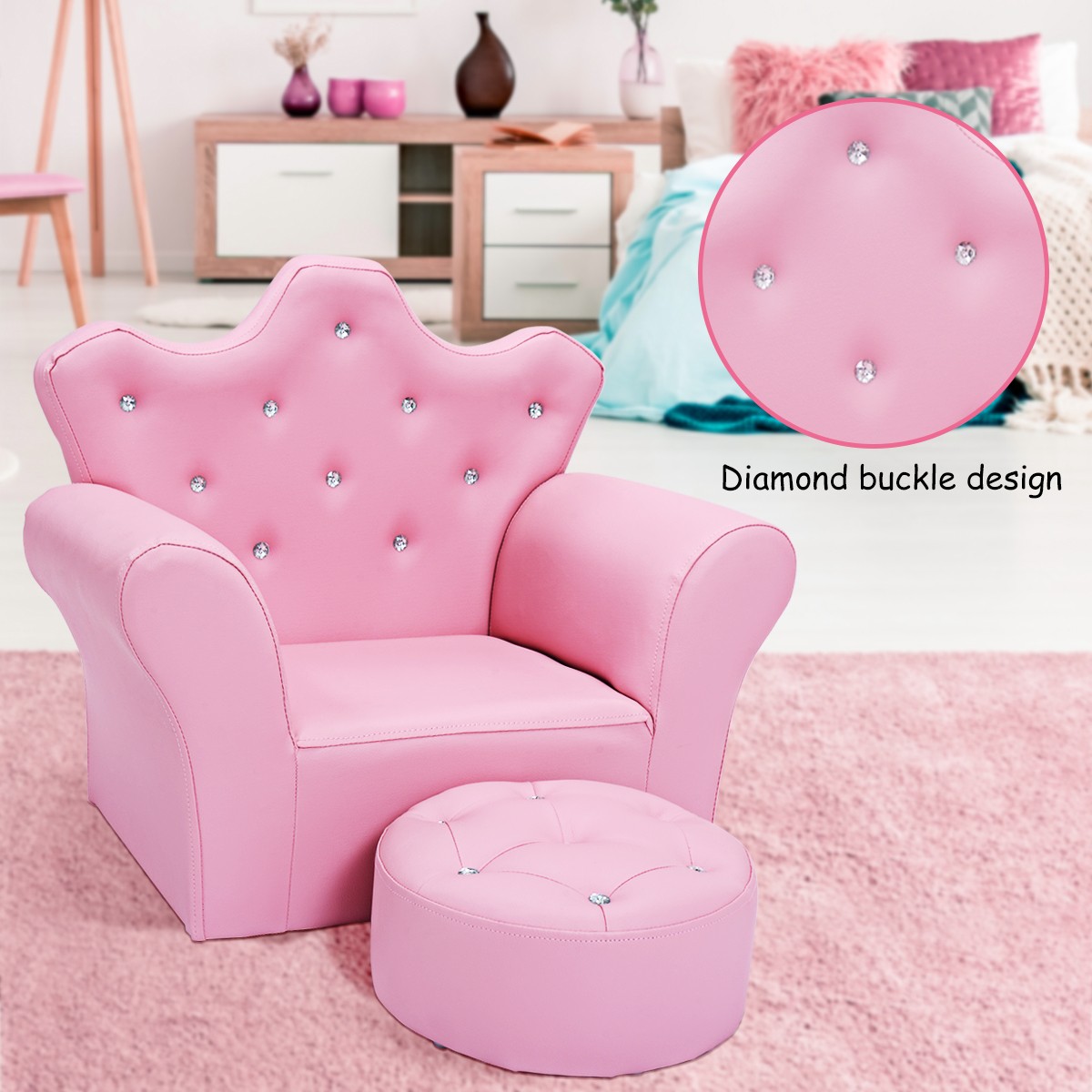 Pink Kids Sofa Armrest Chair Couch Child Girl Toddler Birthday Gift w/ Ottoman