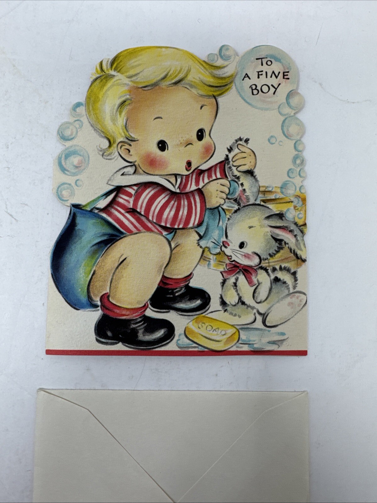 Vintage Easter Card Cute Boy Bunny Rabbit Original Envelope Hallmark Greeting
