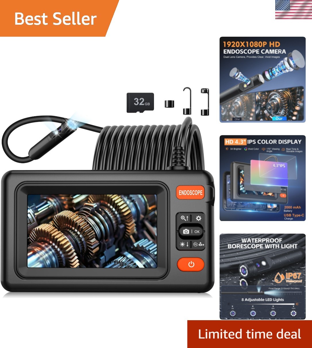 Multi-Functional Dual Lens Endoscope - 1920P HD, Waterproof & Ergonomic Design