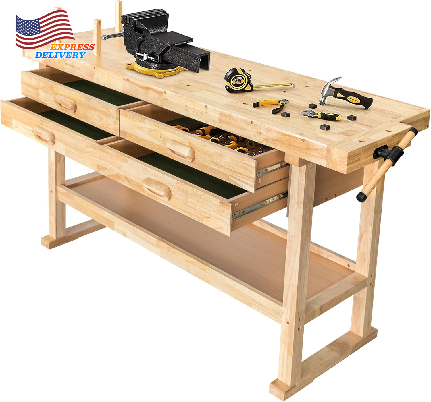 60" Rubber Hardwood Workbench with 4-Drawers 450Lbs Load for Garage Workshop