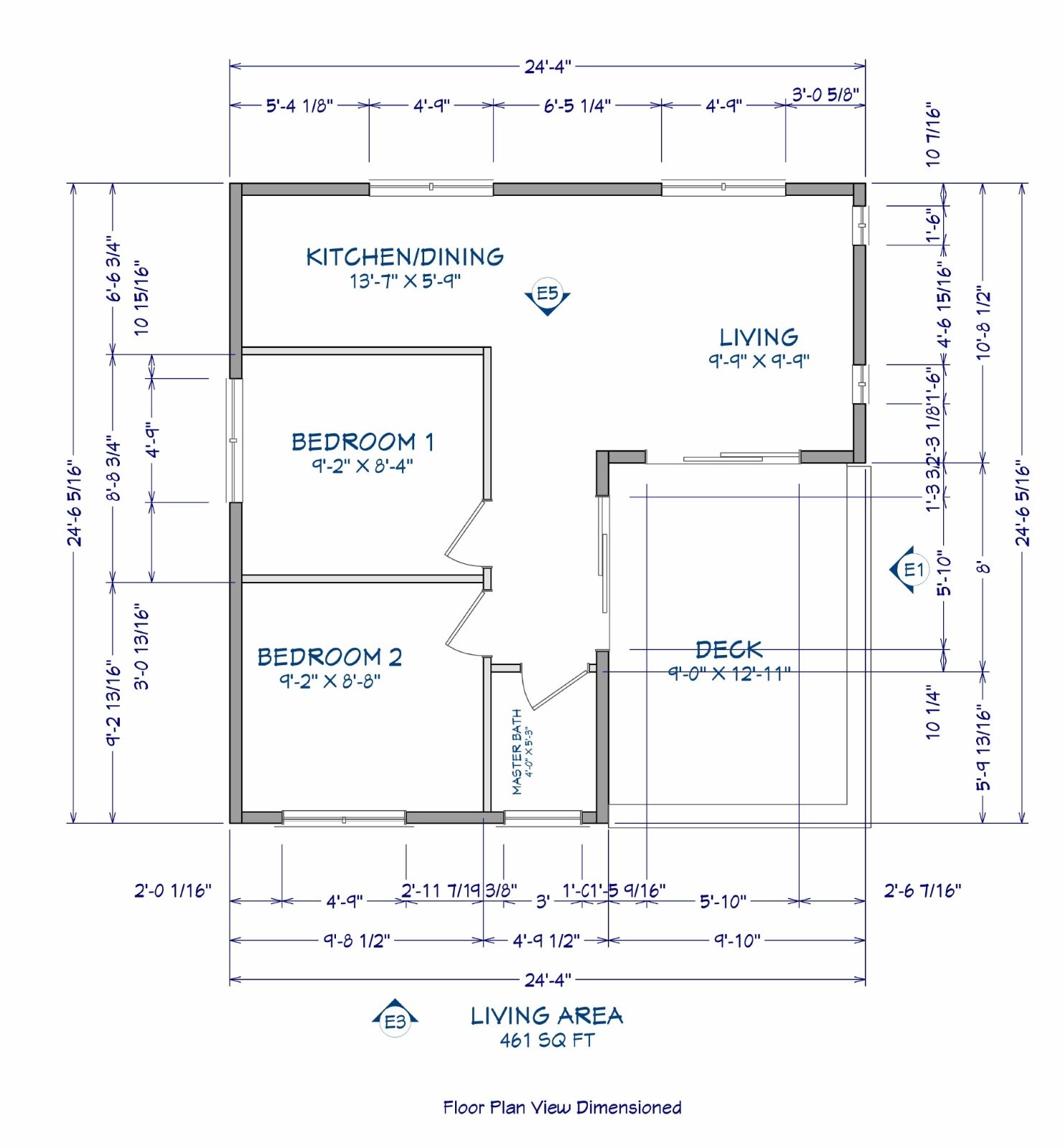 460sqft Two Bedroom Tiny Home ADU Design Plans – Floor Plan, Elevations