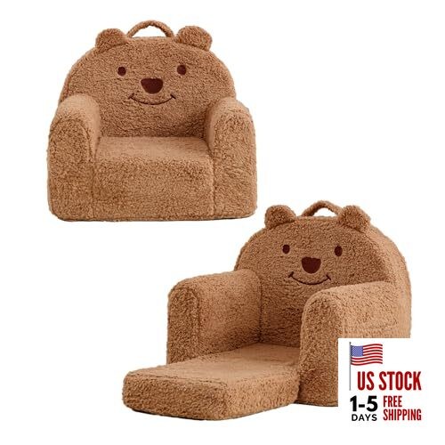 Toddler Chair,Sherpa Bear Toddler Couch Fold Out,Children Reading Brown