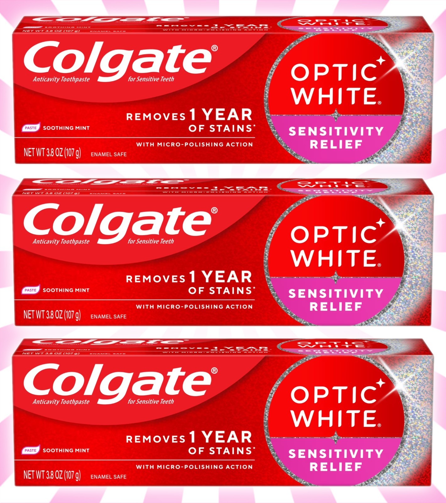 3 Colgate Optic White Sensitivity Relief Toothpaste 3.8 OZ EXP 3/28