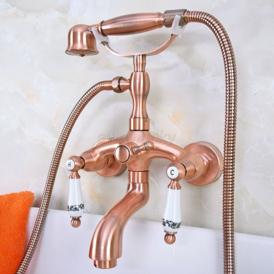 Antique Red Copper Clawfoot Bath Tub Mixer Tap Faucet w/ Handheld Shower wna313