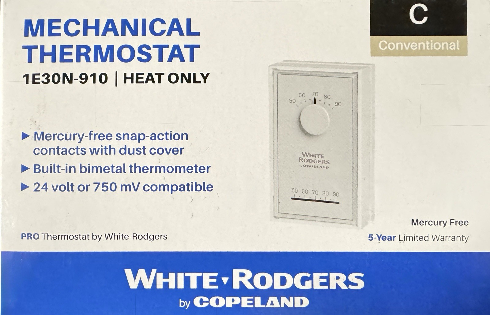 White Rodgers 1E30N-910 Mechanical Thermostat, Heat Only Brand NEW Free Shipping