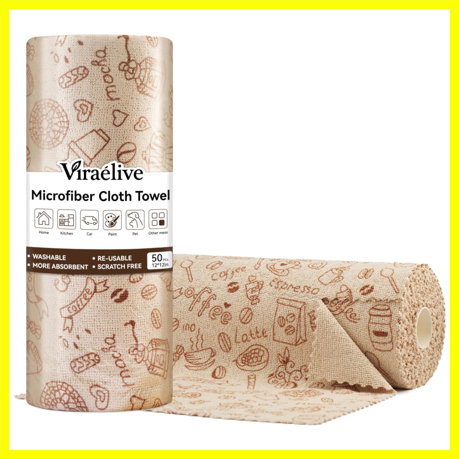 Viraelive Microfiber Cleaning Cloth Roll, 50 Pack, Food Pattern, 12"x12" | Re...