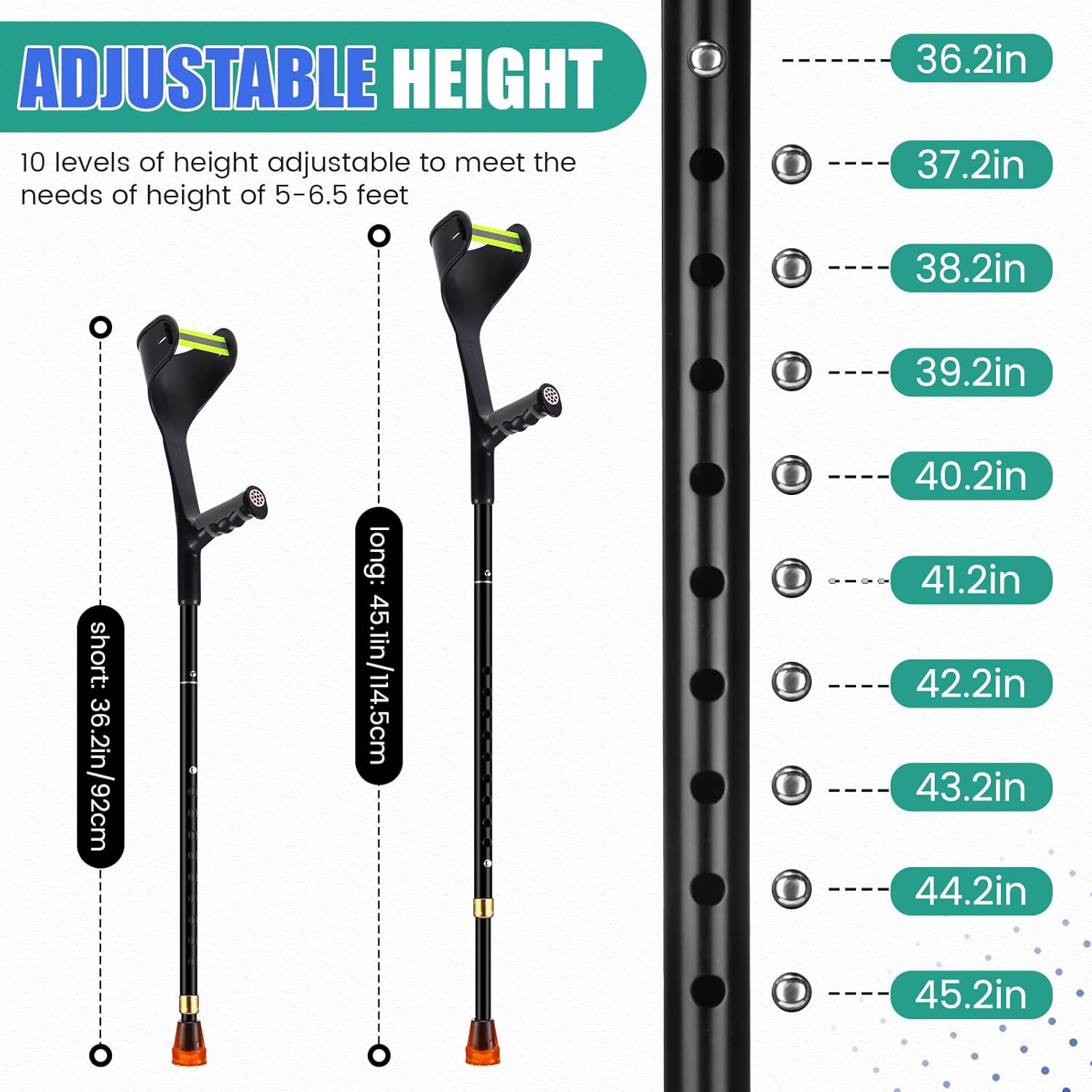 Lightweight Adjustable Forearm Crutches for Adults - 2 Pcs, Black