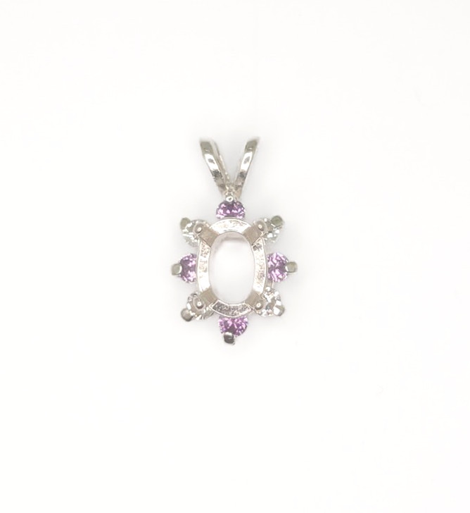Oval Halo Cluster Sterling Silver Purple and White CZ Semi Mount Pendant Setting