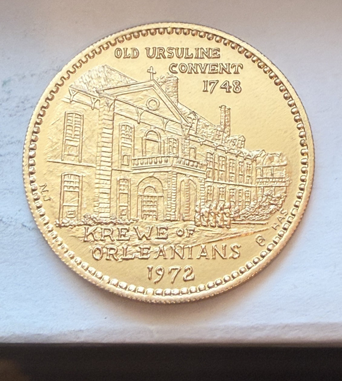 Krewe of Orleanians Gold Aluminum 1972 Doubloon, Old Ursuline Convent (1C)
