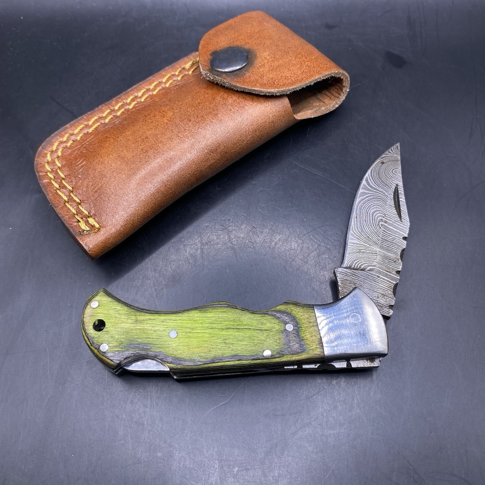 Vintage Folding Pocket Knife Damascus Green Wood w Holster Sheath Good Snap